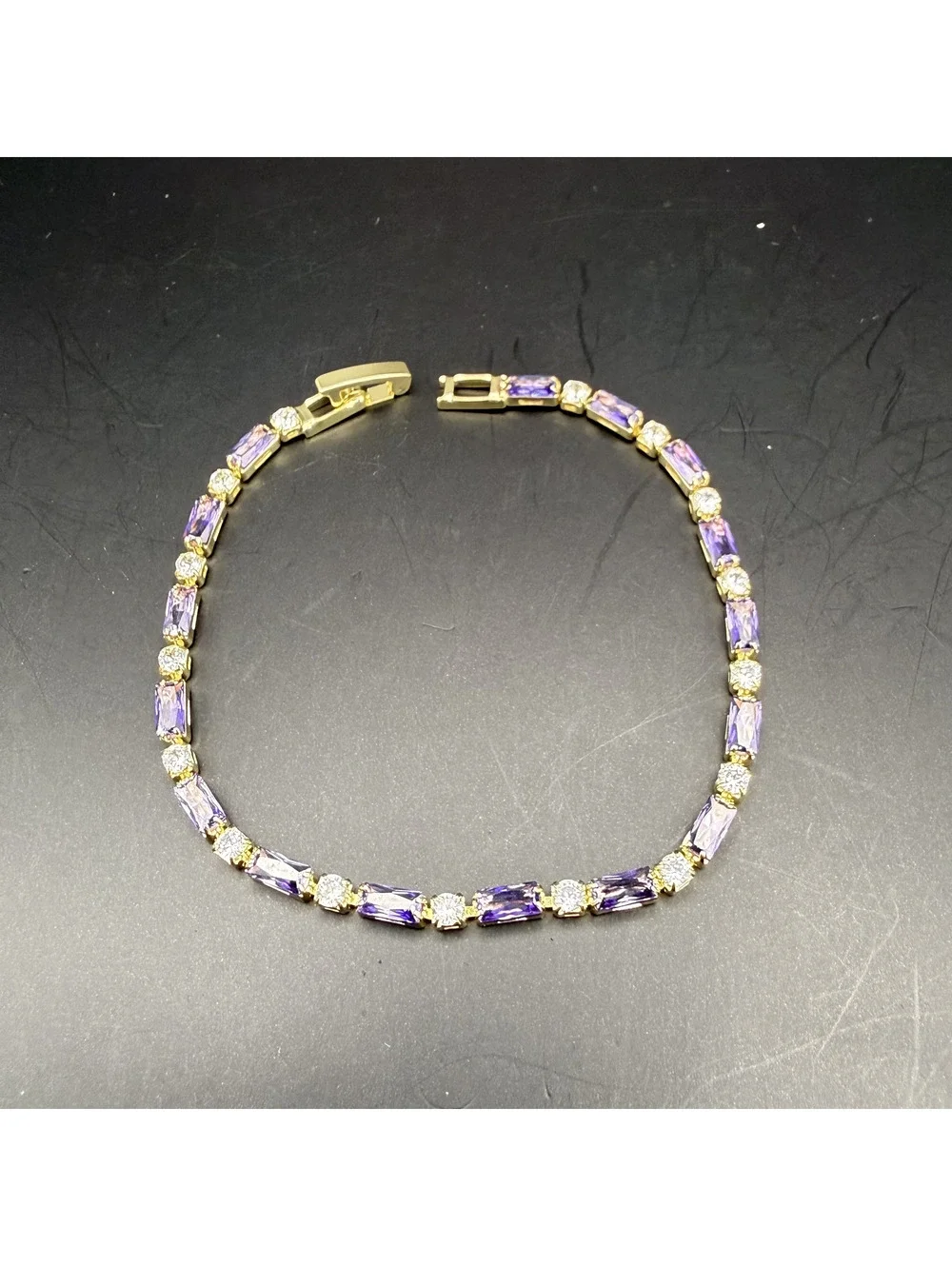 candy+clover lilac amethyst baguette gold tone tennis bracelet